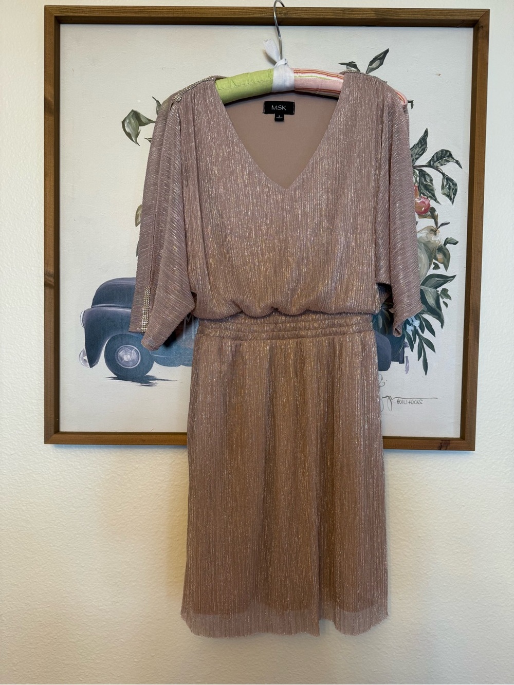 MSK Metallic V-Neck‎ Blouson Midi Dress in Dusty Rose